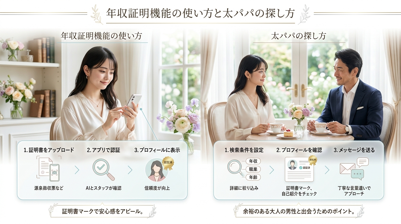 年収証明機能の使い方と太パパの探し方